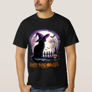 Halloween zwarte kat heks en vleermuizen t-shirt