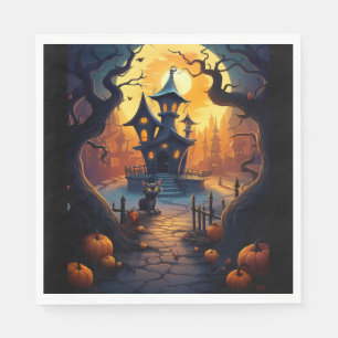 Halloween/Zwarte Kat/Heks/Tovenaar Scheef Huis Servet