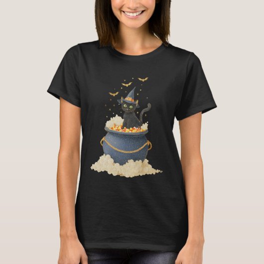 Halloween Zwarte Kat in Cauldron T-shirt (Voorkant)