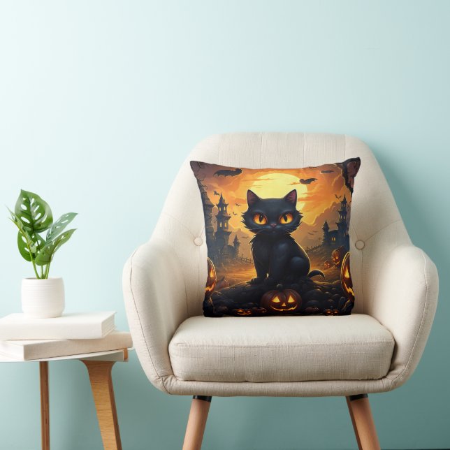 Halloween Zwarte Kat  Kussen (Stoel)