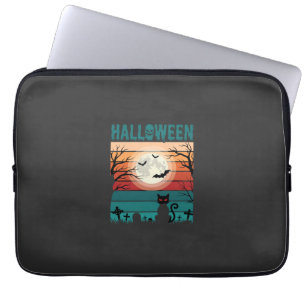 Halloween Zwarte Kat Maan Kerkhof Retro Vector Af Laptop Sleeve