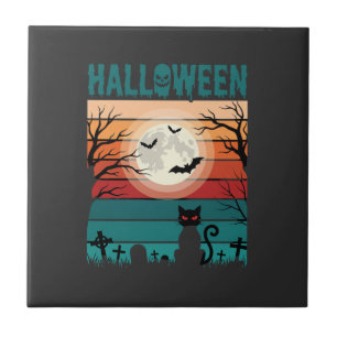 Halloween Zwarte Kat Maan Kerkhof Retro Vector Af Tegeltje