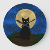 Halloween Zwarte Kat Maanverlichte Silhouet Grote Klok (Voorkant)