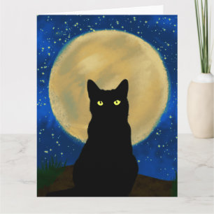 Halloween Zwarte Kat Maanverlichte Silhouet Kaart