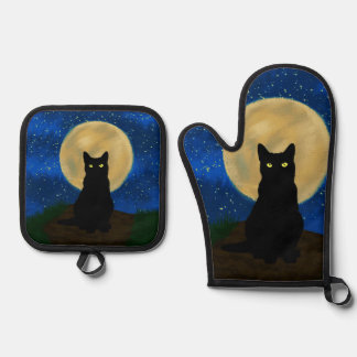 Halloween Zwarte Kat Maanverlichte Silhouet Ovenwant & Pannenlap Set