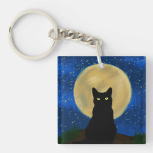 Halloween Zwarte Kat Maanverlichte Silhouet Sleutelhanger