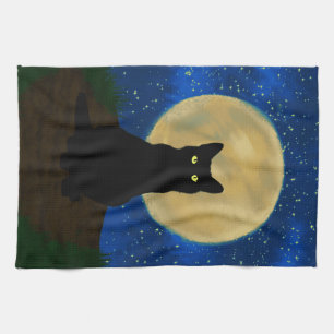 Halloween Zwarte Kat Maanverlichte Silhouet Theedoek