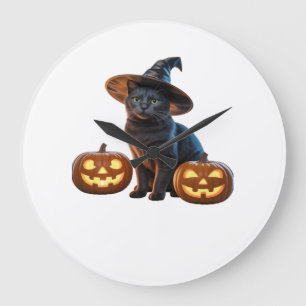 Halloween Zwarte Kat Magie Klassiek T-Shirt Grote Klok