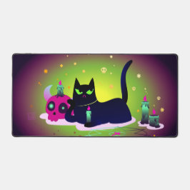 Halloween zwarte kat met een kaars en een schedel bureaumat