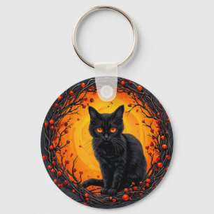 Halloween Zwarte Kat met Gloeiende Ogen Sleutelhanger