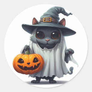 Halloween Zwarte Kat met Pompoen Accent 👻 Ronde Sticker