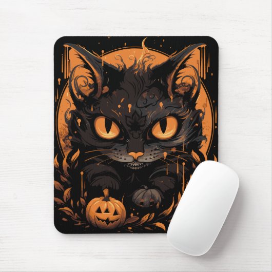Halloween zwarte kat met pompoenen en maan muismat (Met muis)