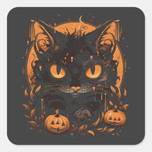Halloween zwarte kat met pompoenen en maan vierkante sticker