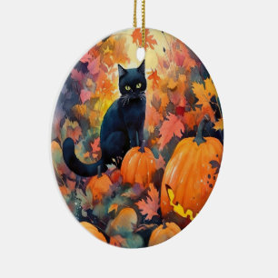Halloween Zwarte Kat Met Pompoenen Griezelen Keramisch Ornament