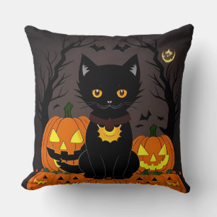 Halloween Zwarte Kat Omringd door Jack-o'-Lanterns Kussen