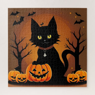 Halloween Zwarte Kat Omringd door Jack-o'-Lanterns Legpuzzel