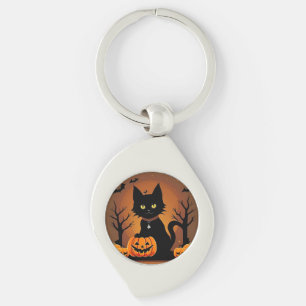 Halloween Zwarte Kat Omringd door Jack-o'-Lanterns Sleutelhanger
