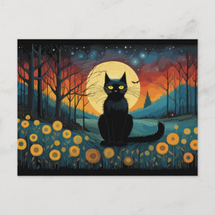 Halloween zwarte kat op de weide volle maan briefkaart