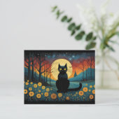 Halloween zwarte kat op de weide volle maan briefkaart (Staand voorkant)