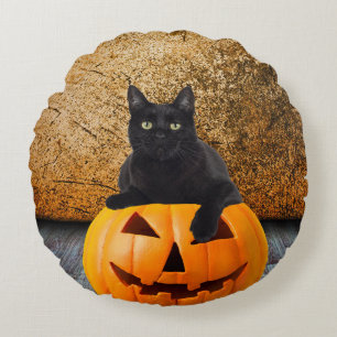 Halloween zwarte kat op pompoen rond Sierkussen Kussen