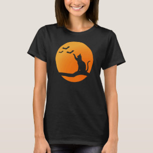 Halloween Zwarte Kat Oranje Volle Maan en Vleermui T-shirt