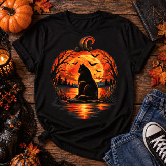 Halloween Zwarte Kat Pompoen Maan T-shirt