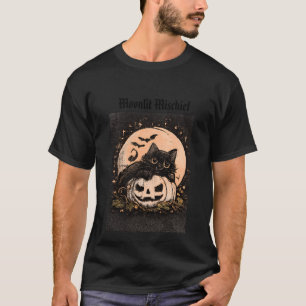 Halloween Zwarte Kat & Pompoen Maneschijn Grafisch T-shirt
