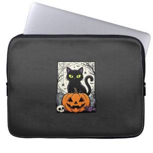 Halloween Zwarte Kat Pompoen Vectorontwerp Laptop Sleeve