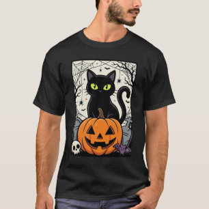 Halloween Zwarte Kat Pompoen Vectorontwerp T-shirt