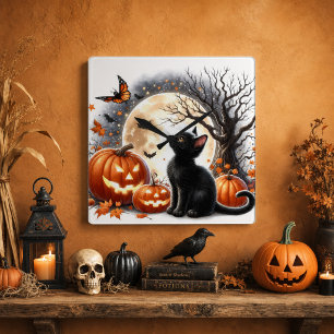 Halloween Zwarte Kat & Pompoenen Rustiek Amber Vierkante Klok