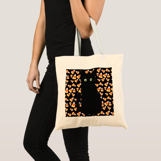 Halloween zwarte kat snoep maïs tote bag (Voorkant (product))
