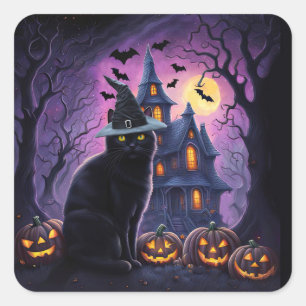 Halloween Zwarte Kat Spookhuis Vleermuizen Schatti Vierkante Sticker