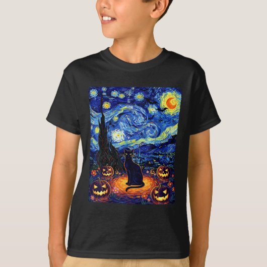Halloween Zwarte Kat Van Gogh Sterrennacht Kat Kos T-shirt (Voorkant)