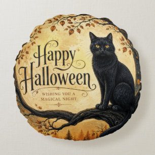 Halloween Zwarte Kat Volle Maan Boom Rond Kussen