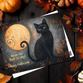 Halloween Zwarte Kat Volle Maan Briefkaart