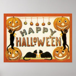 Halloween, zwarte katten met jasjalopionnen Poster