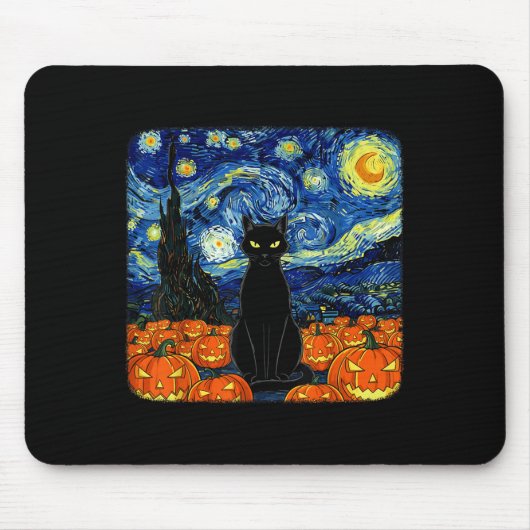 Halloween Zwarte Kattenkostuum Van Gogh Sterrennac Muismat (Voorkant)