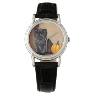  Halloween Zwarte Kitten Illustratie Horloge