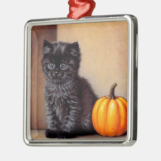 Halloween Zwarte Kitten Illustratie Metalen Ornament (Links)