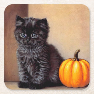 Halloween Zwarte Kitten Illustratie Vierkante Kartonnen Onderzetter