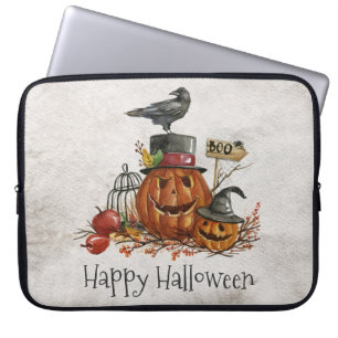 Halloween zwarte vogel en pompoenen laptophoes laptop sleeve