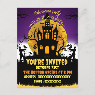 Halloweenfeest griezelhuis zwart uitnodiging