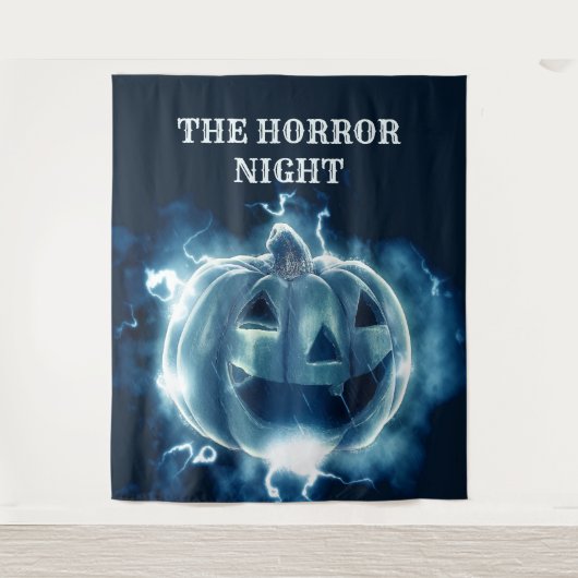 Halloweenfeest Kwaadaardige Blauwe Pompoen Horror  Wandkleed (Voorkant)
