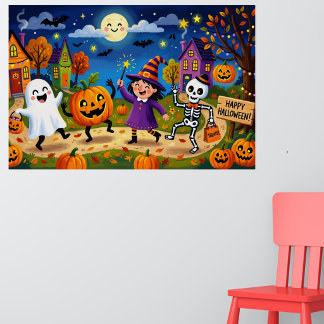 Halloweenfeest - Leuke Illustratie & Zilveren Kind Poster