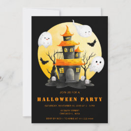 Halloweenfeest met spookhuis en spoken kaart
