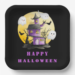 Halloweenfeest met spookhuis en spoken papieren bordje