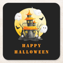 Halloweenfeest met spookhuis en spoken vierkante kartonnen onderzetter
