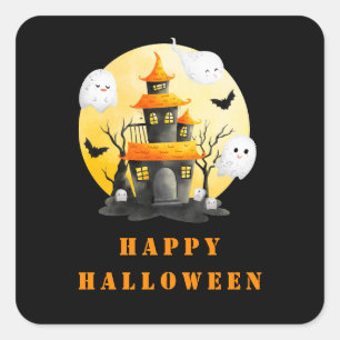 Halloweenfeest met spookhuis en spoken vierkante sticker