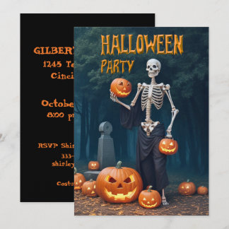 Halloweenfeest Skelet tussen Pompoenen Kaart