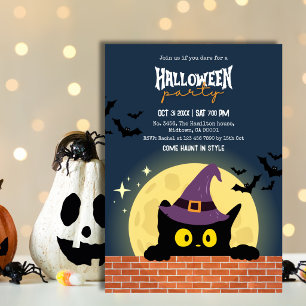 Halloweenfeest Zwarte Kat Maan Vleermuis Heksenhoe Kaart